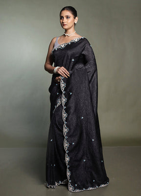 Black Pure Handloom Crushed Tissue Silk Saree With Blouse Piece