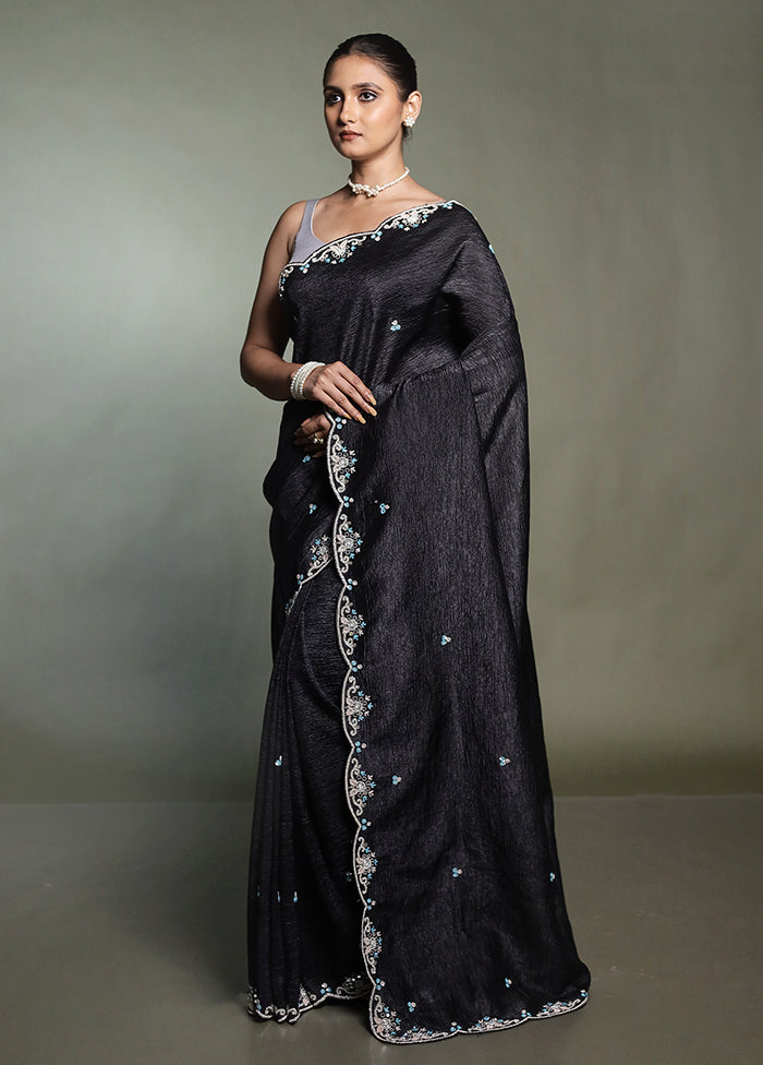 Black Pure Handloom Crushed Tissue Silk Saree With Blouse Piece