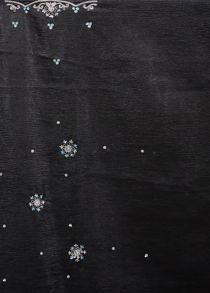 Black Pure Handloom Crushed Tissue Silk Saree With Blouse Piece