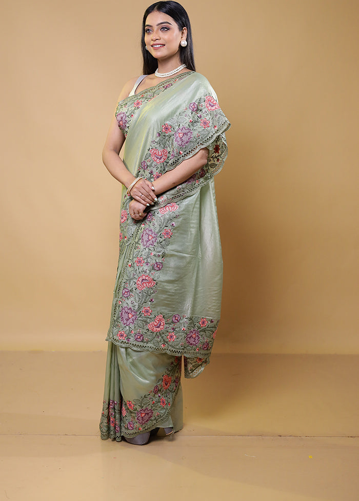 Green Crushed Tissue Silk Saree With Blouse Piece