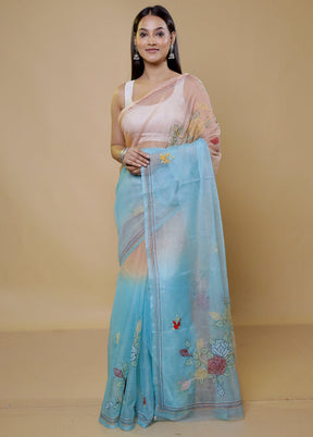 Blue Organza Saree With Blouse Piece