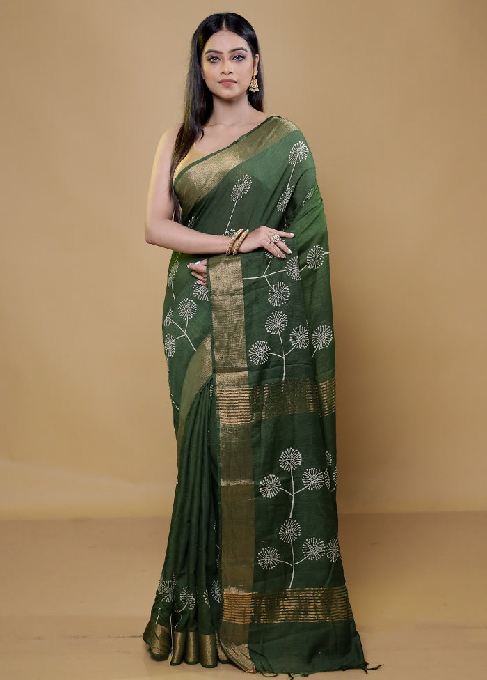 Green Chanderi Cotton Saree With Blouse Piece