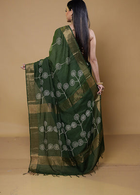 Green Chanderi Cotton Saree With Blouse Piece