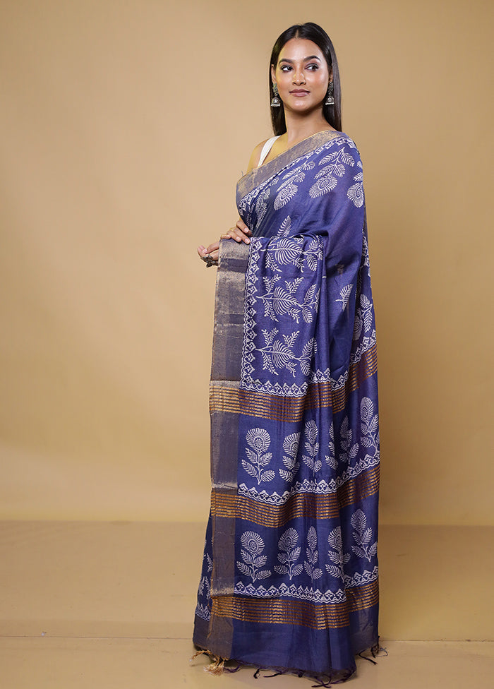 Blue Chanderi Cotton Saree With Blouse Piece