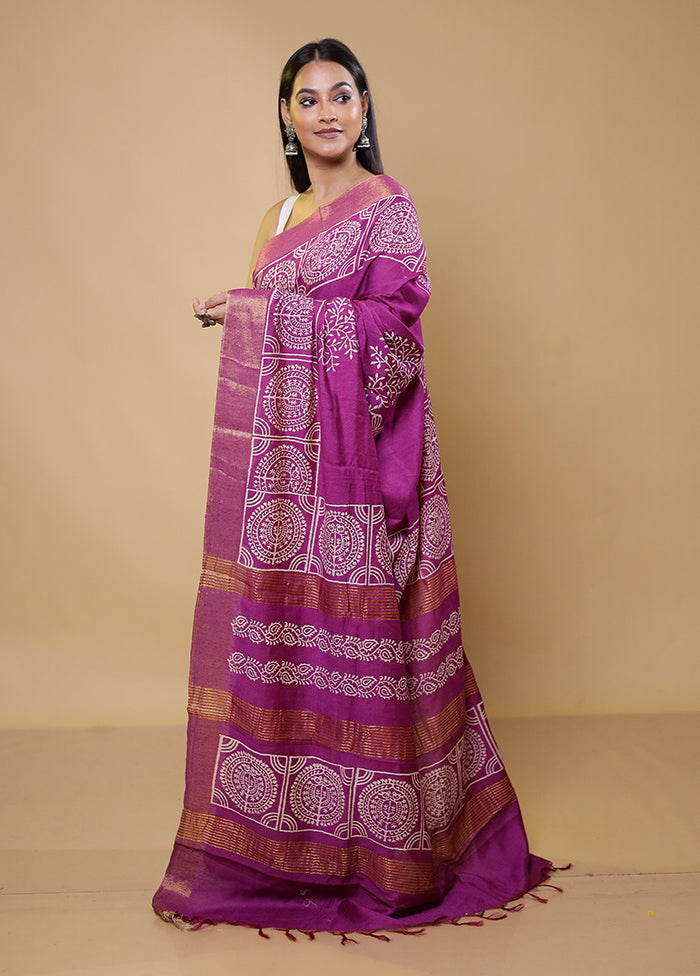 Purple Chanderi Cotton Saree With Blouse Piece