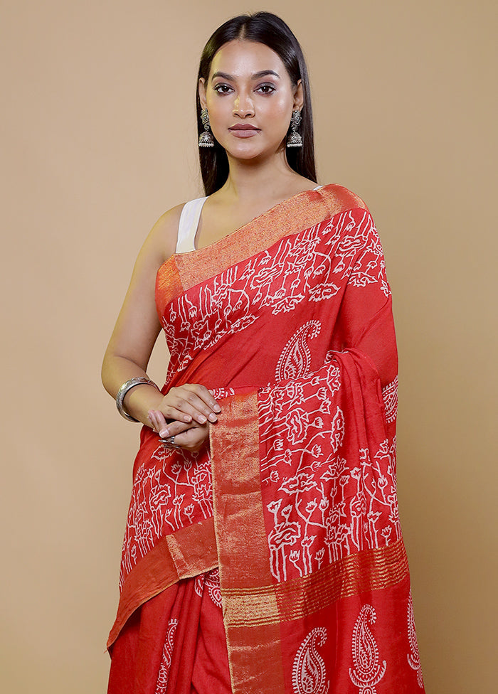 Red Chanderi Cotton Saree With Blouse Piece