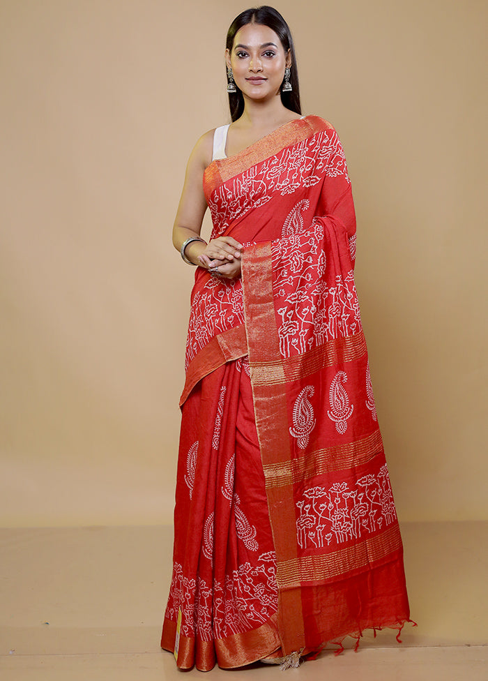 Red Chanderi Cotton Saree With Blouse Piece