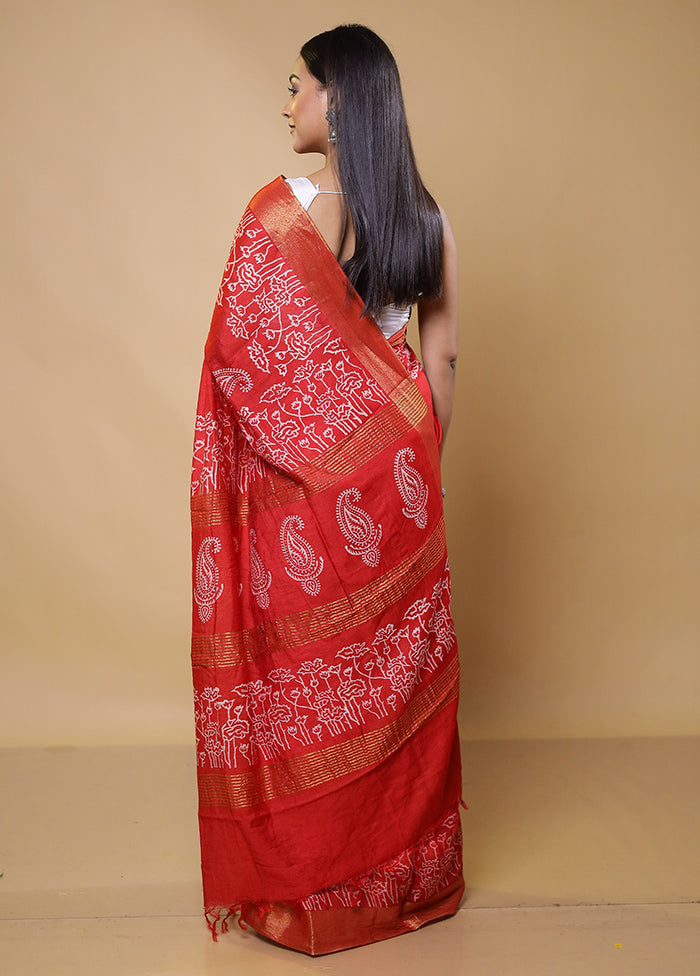 Red Chanderi Cotton Saree With Blouse Piece