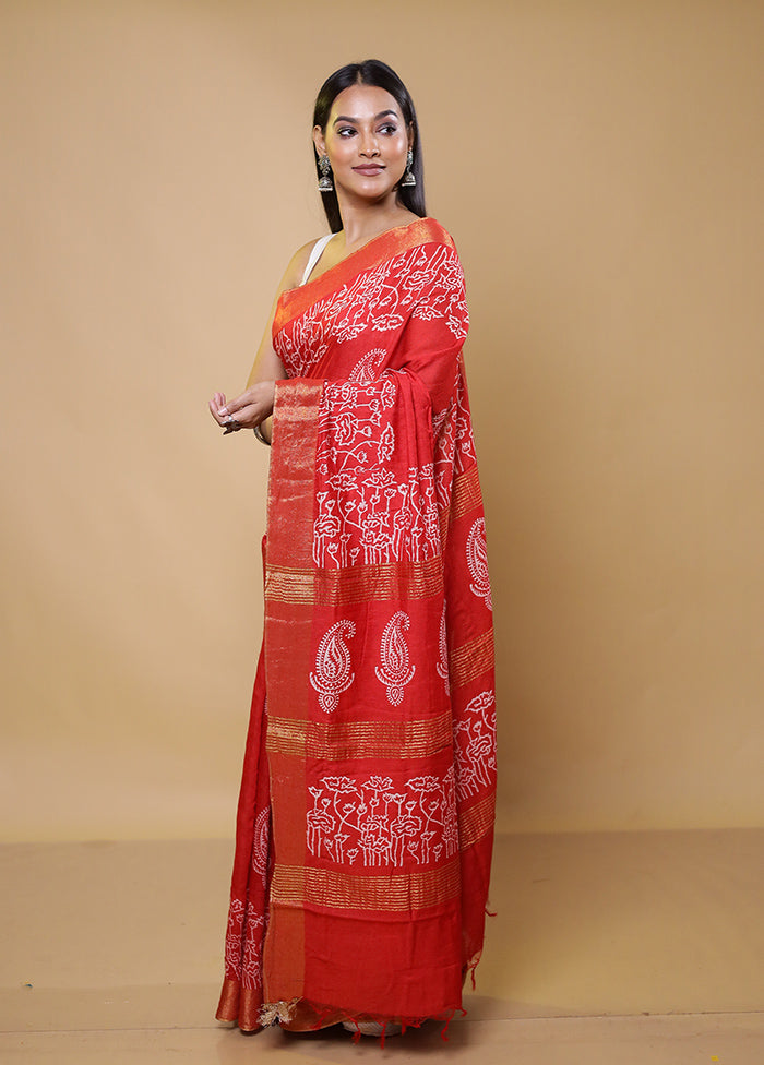 Red Chanderi Cotton Saree With Blouse Piece