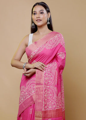 Pink Chanderi Cotton Saree With Blouse Piece