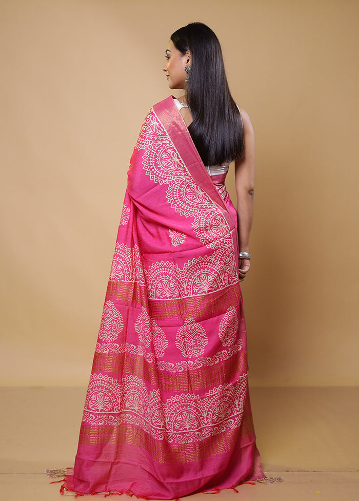 Pink Chanderi Cotton Saree With Blouse Piece