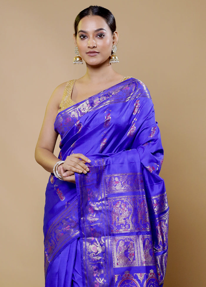 Blue Handloom Baluchari Pure Silk Saree With Blouse Piece