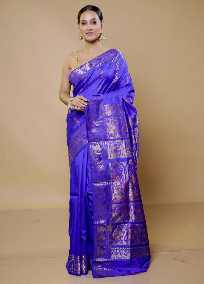 Blue Handloom Baluchari Pure Silk Saree With Blouse Piece