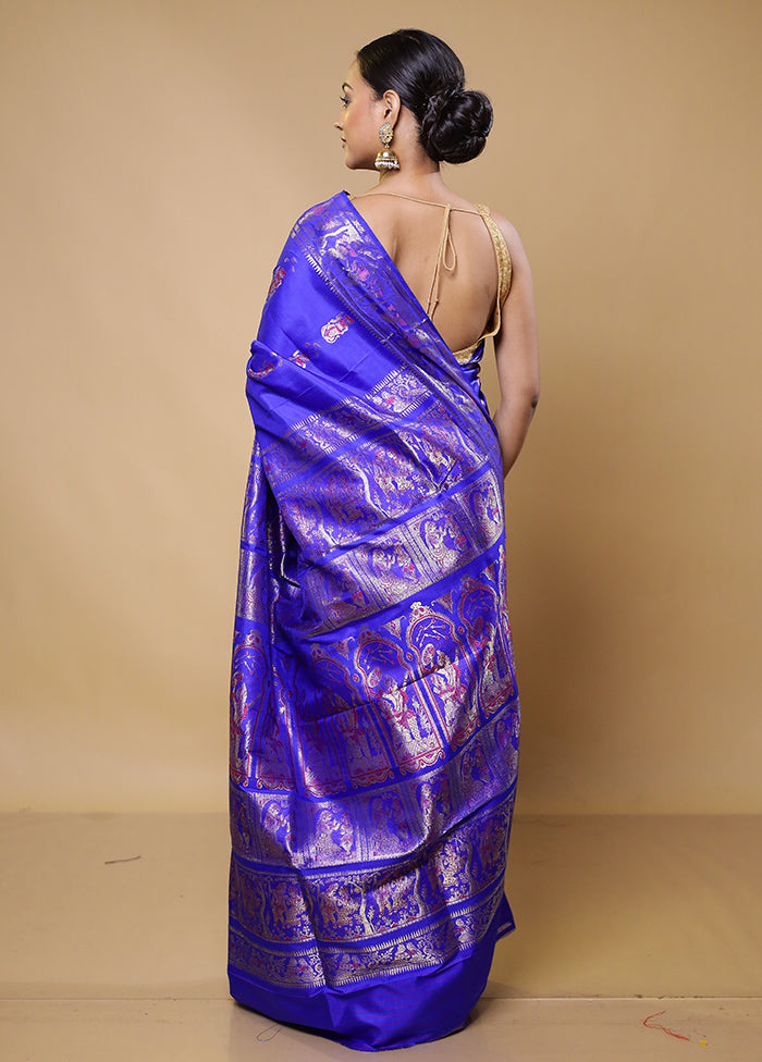 Blue Handloom Baluchari Pure Silk Saree With Blouse Piece