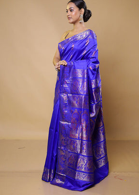 Blue Handloom Baluchari Pure Silk Saree With Blouse Piece