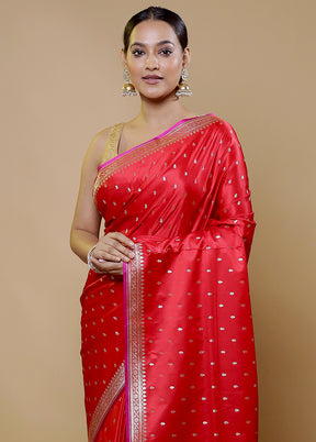 Red Banarasi Silk Saree With Blouse Piece