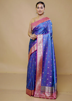 Blue Banarasi Silk Saree With Blouse Piece