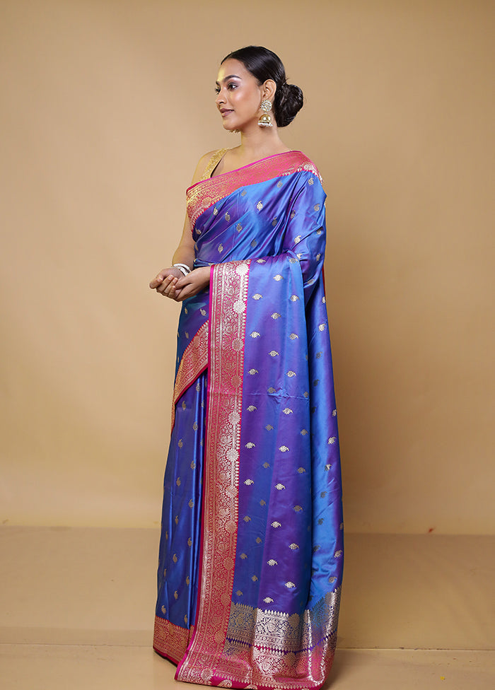 Blue Banarasi Silk Saree With Blouse Piece