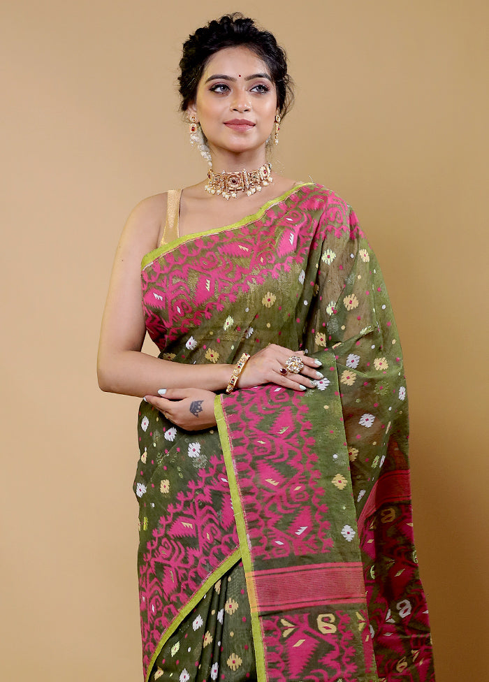 Green Tant Jamdani Saree Without Blouse Piece