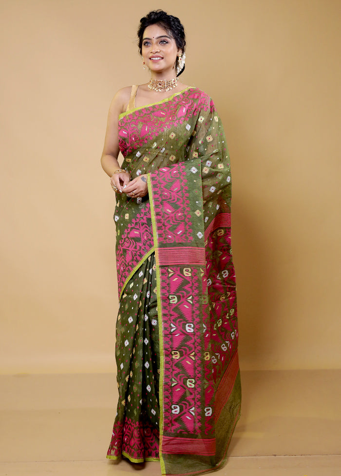 Green Tant Jamdani Saree Without Blouse Piece