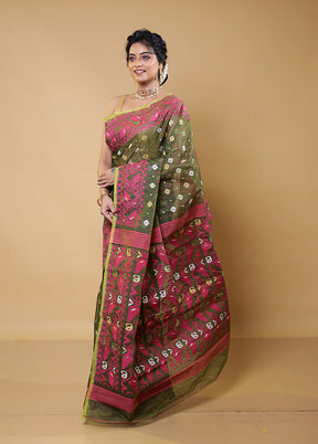 Green Tant Jamdani Saree Without Blouse Piece