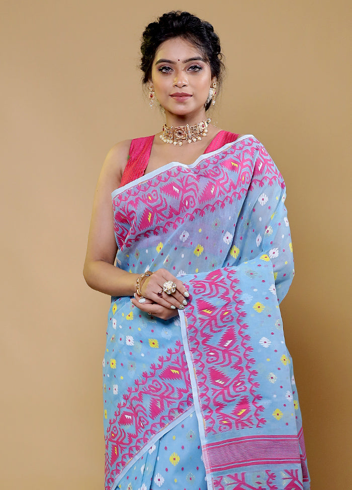 Blue Tant Jamdani Saree Without Blouse Piece