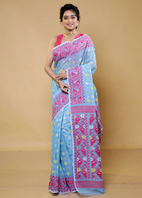 Blue Tant Jamdani Saree Without Blouse Piece