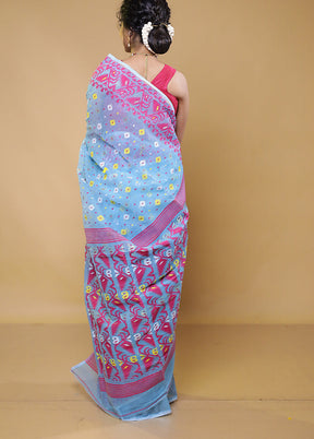 Blue Tant Jamdani Saree Without Blouse Piece