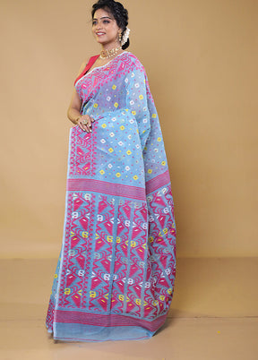 Blue Tant Jamdani Saree Without Blouse Piece