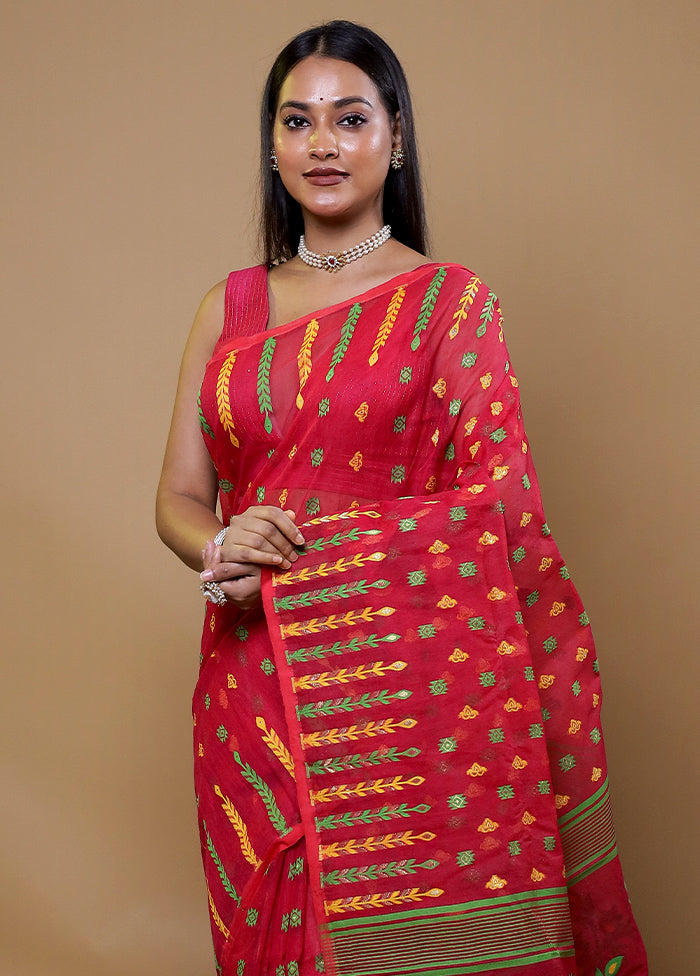 Red Tant Jamdani Saree Without Blouse Piece