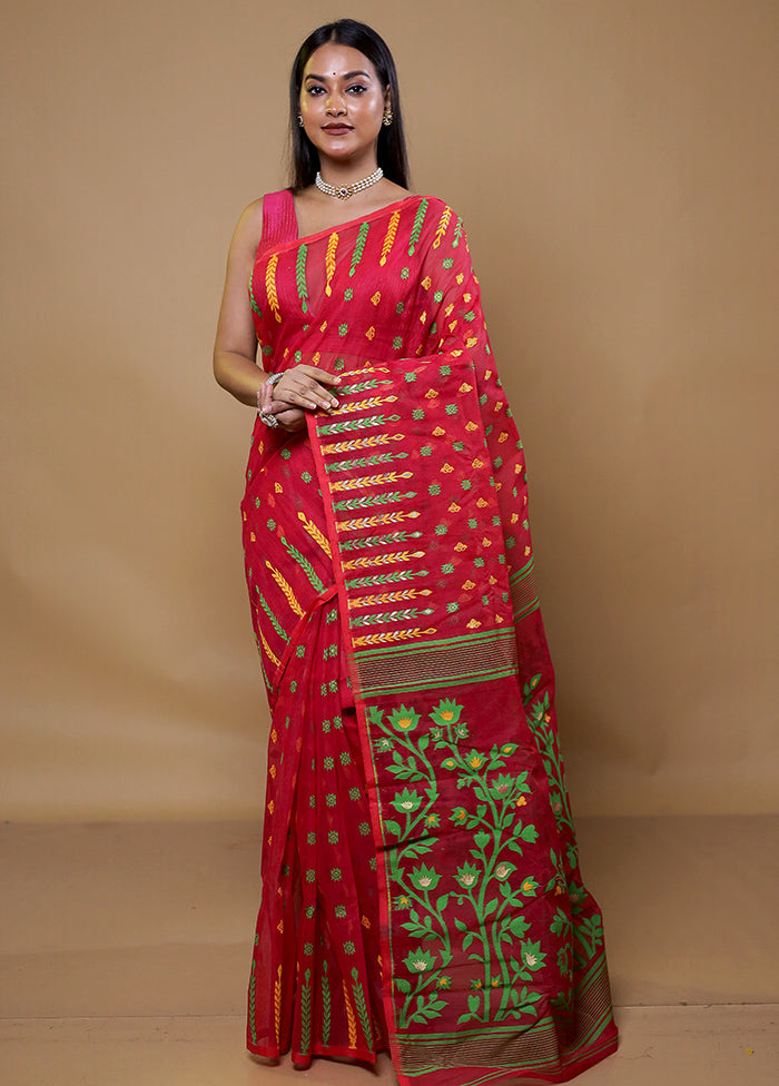 Red Tant Jamdani Saree Without Blouse Piece