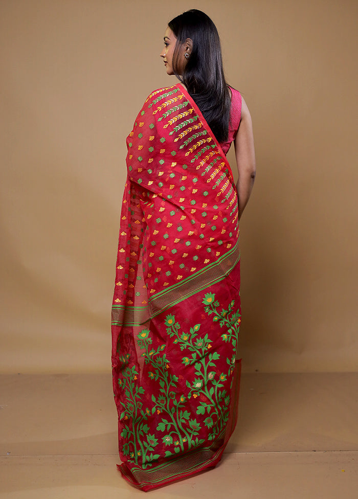 Red Tant Jamdani Saree Without Blouse Piece