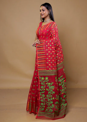 Red Tant Jamdani Saree Without Blouse Piece