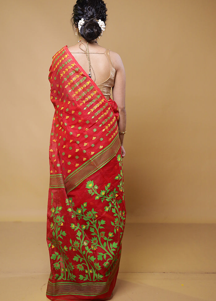 Red Tant Jamdani Saree Without Blouse Piece