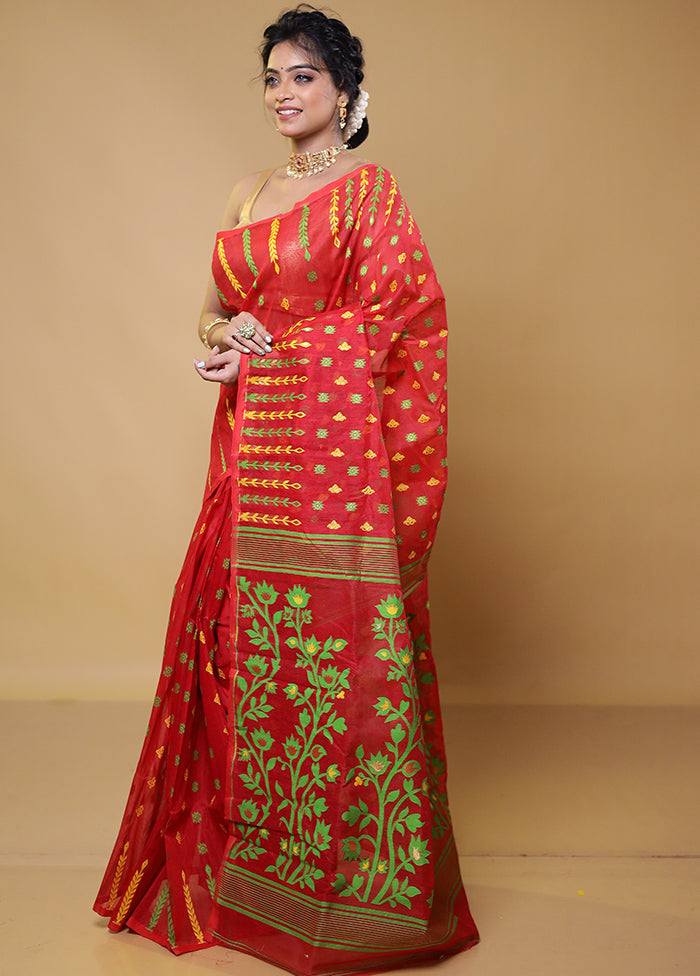 Red Tant Jamdani Saree Without Blouse Piece