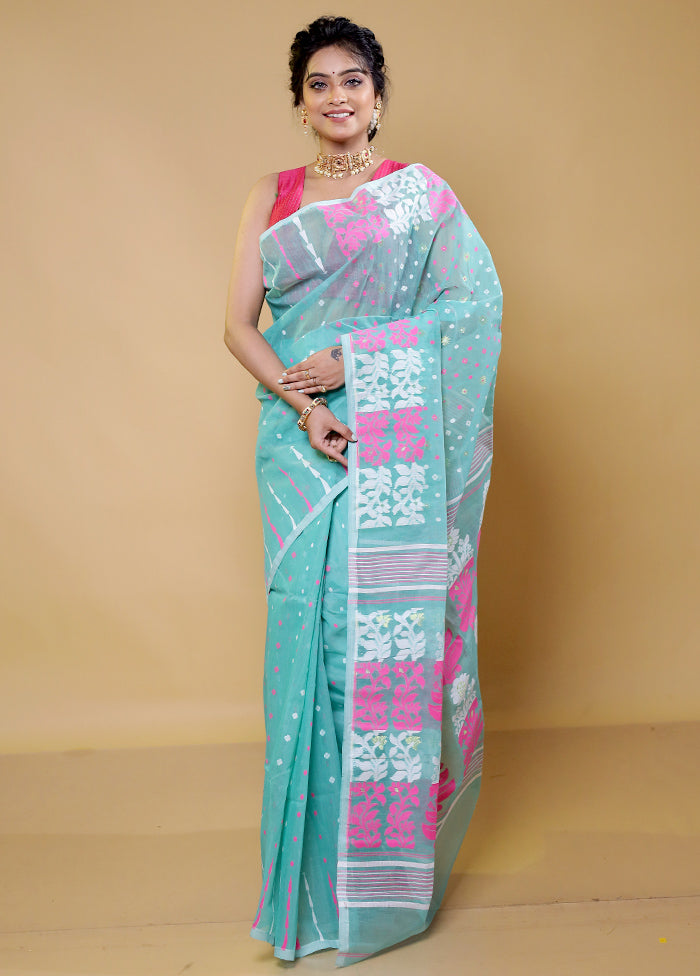 Green Tant Jamdani Saree Without Blouse Piece