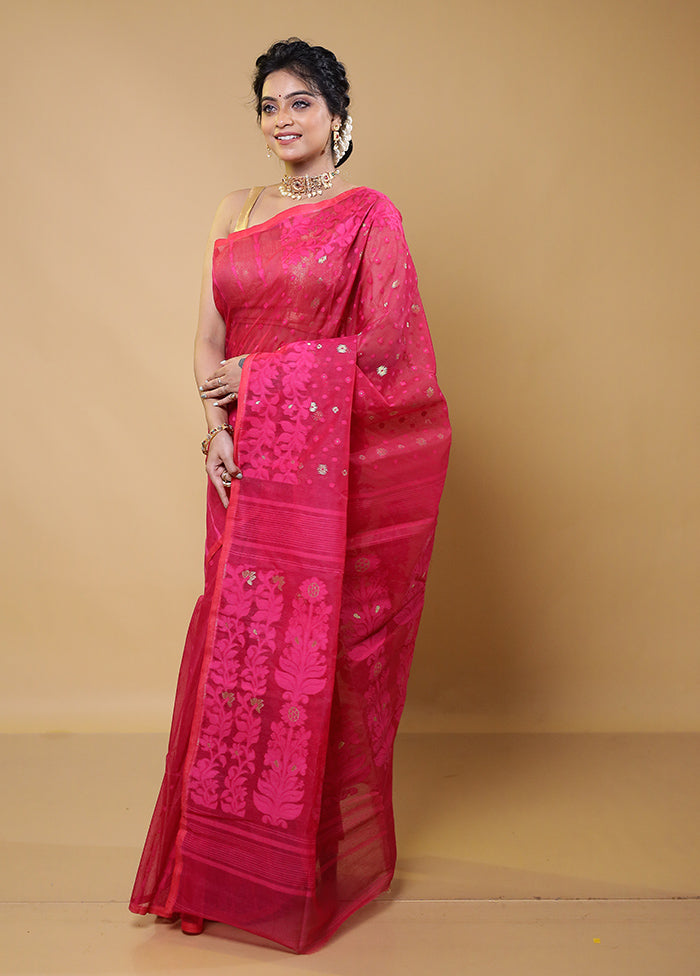 Red Tant Jamdani Saree Without Blouse Piece