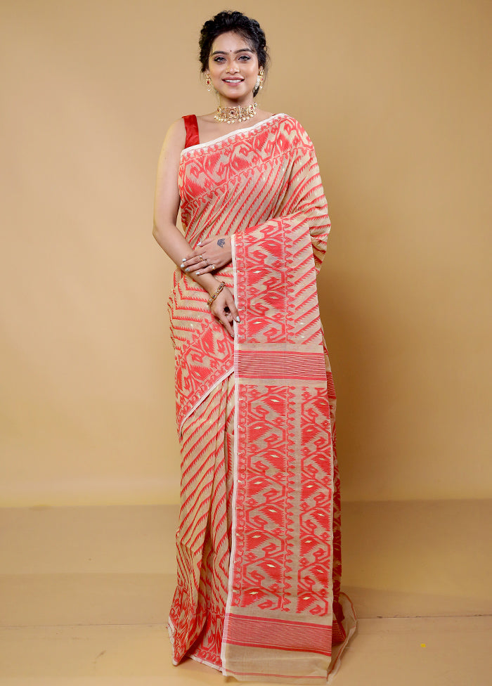 Red Tant Jamdani Saree Without Blouse Piece