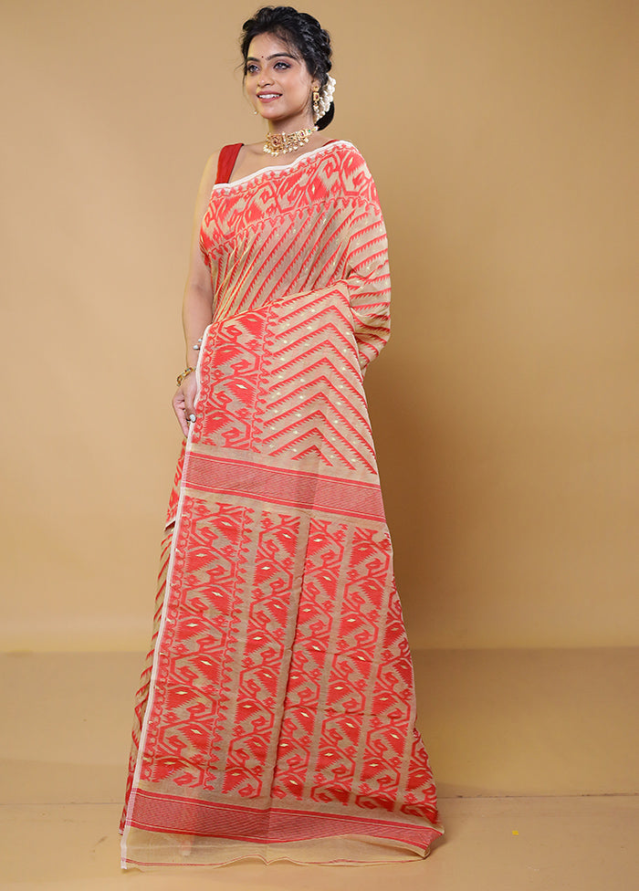 Red Tant Jamdani Saree Without Blouse Piece