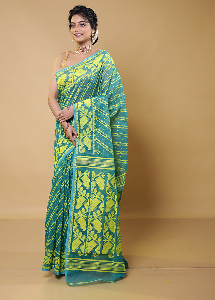 Green Tant Jamdani Saree Without Blouse Piece