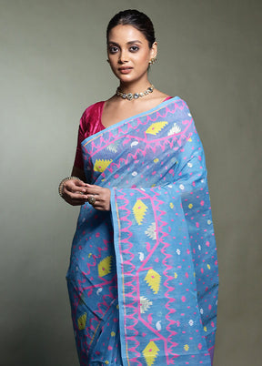 Blue Tant Jamdani Saree Without Blouse Piece