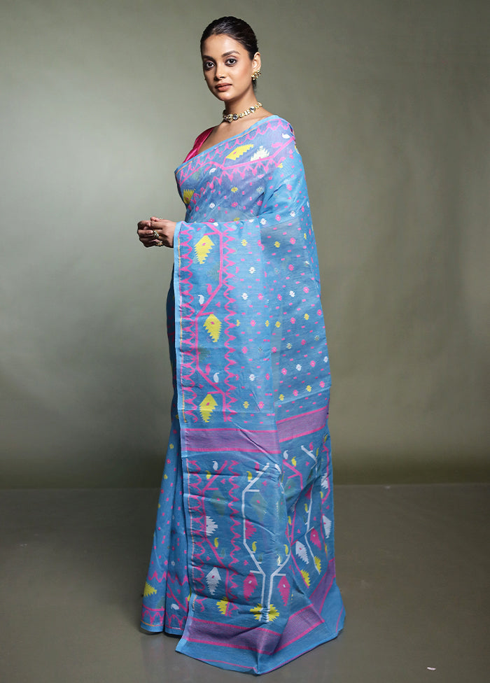 Blue Tant Jamdani Saree Without Blouse Piece