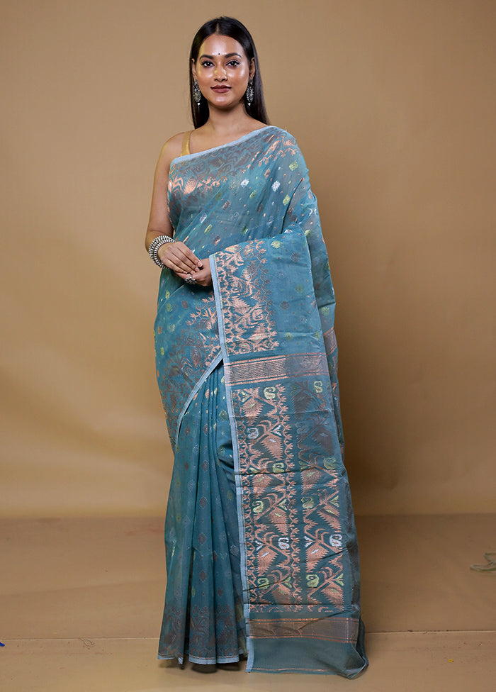 Green Tant Jamdani Saree Without Blouse Piece