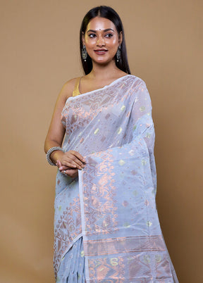 Blue Tant Jamdani Saree Without Blouse Piece