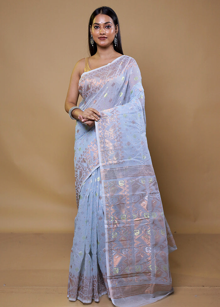 Blue Tant Jamdani Saree Without Blouse Piece