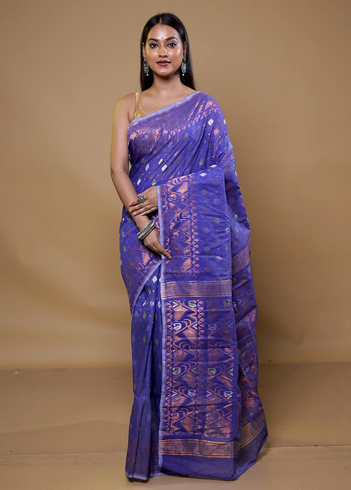 Blue Tant Jamdani Saree Without Blouse Piece