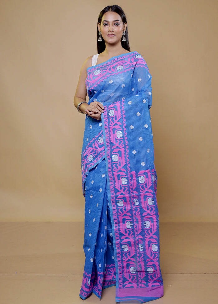 Blue Tant Jamdani Saree Without Blouse Piece