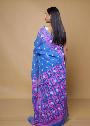 Blue Tant Jamdani Saree Without Blouse Piece