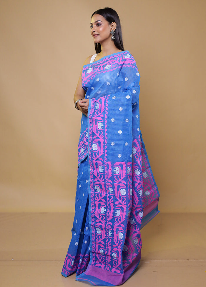 Blue Tant Jamdani Saree Without Blouse Piece