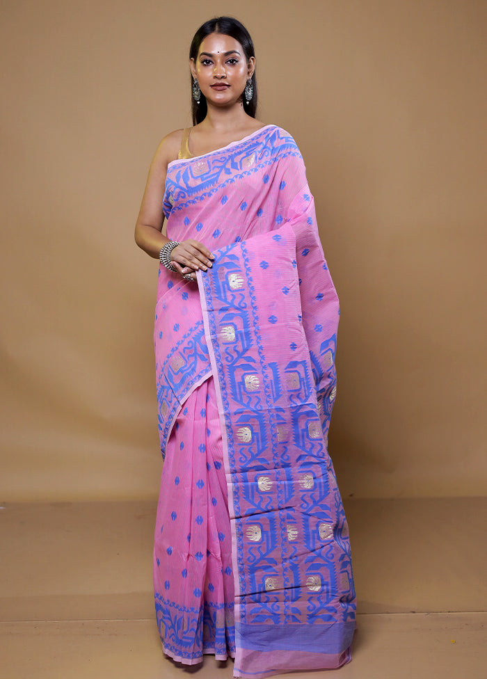 Pink Tant Jamdani Saree Without Blouse Piece